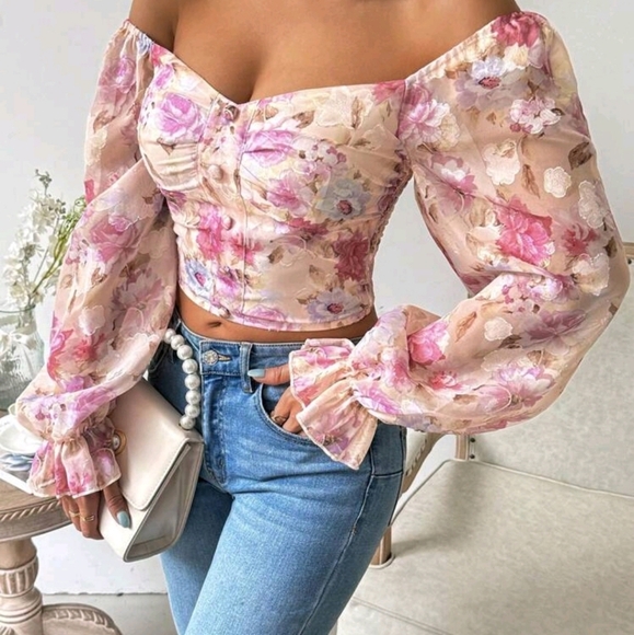Spring Floral Print Off-Shoulder Flare Sleeve Crop Blouse - Picture 1 of 6